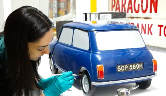 British Motor Museum restorer restoring a mini
